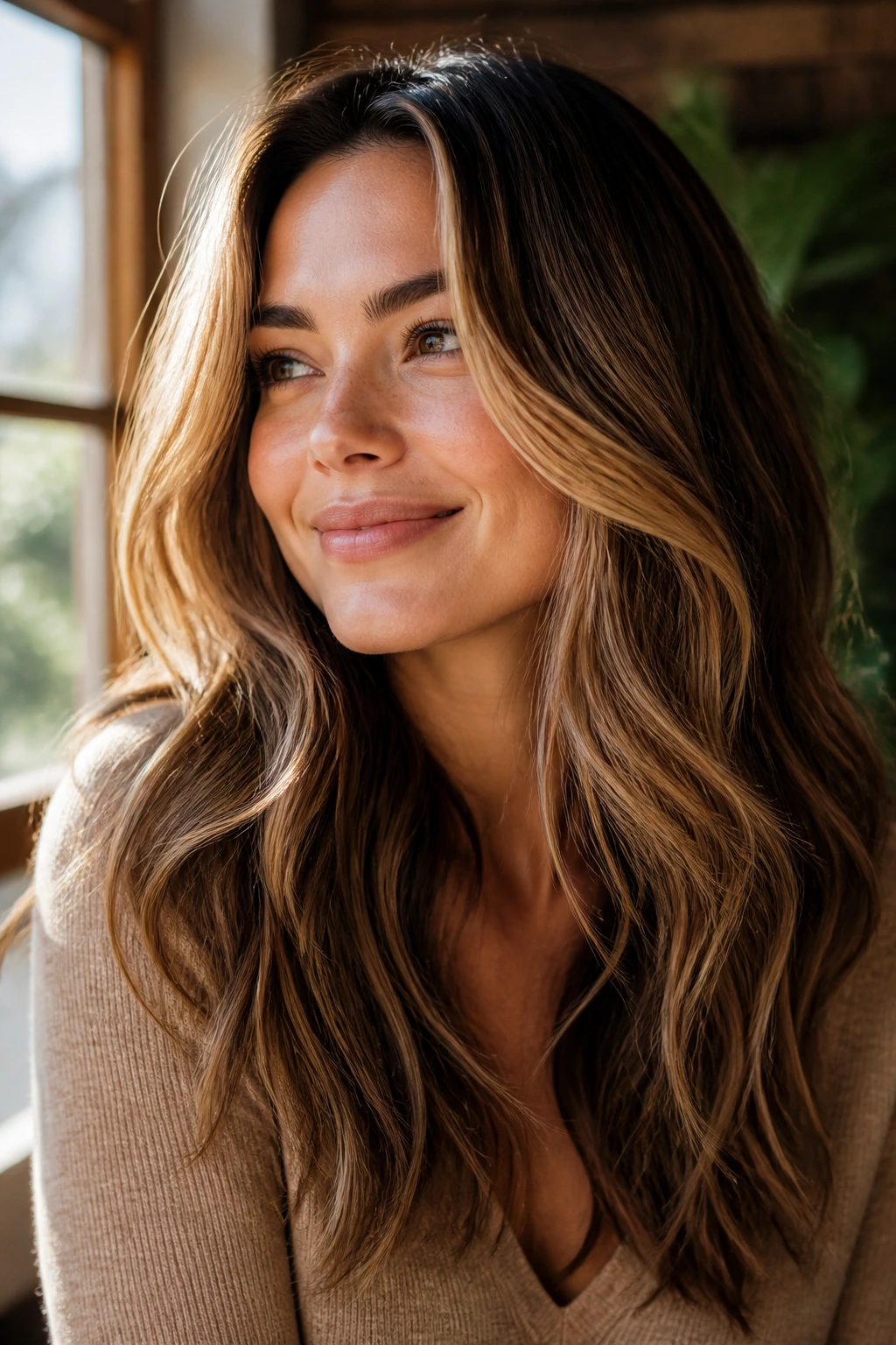Portrait of a woman with warm honey babylights and soft waves