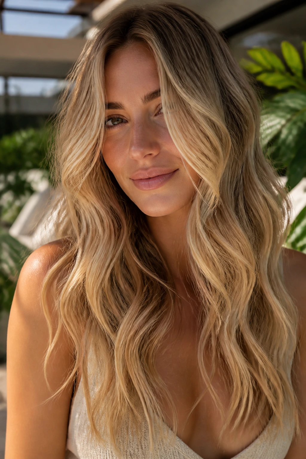 Real woman with honey balayage beach waves in a sunlit outdoor setting