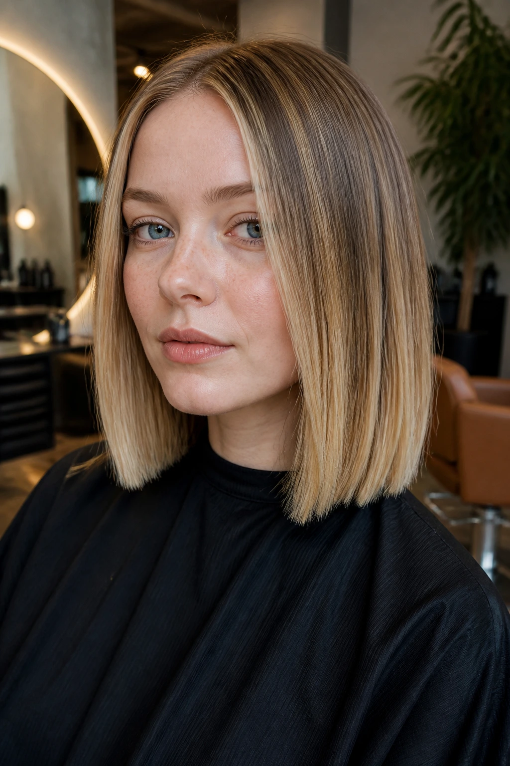 Real woman with honey balayage on a blunt cut