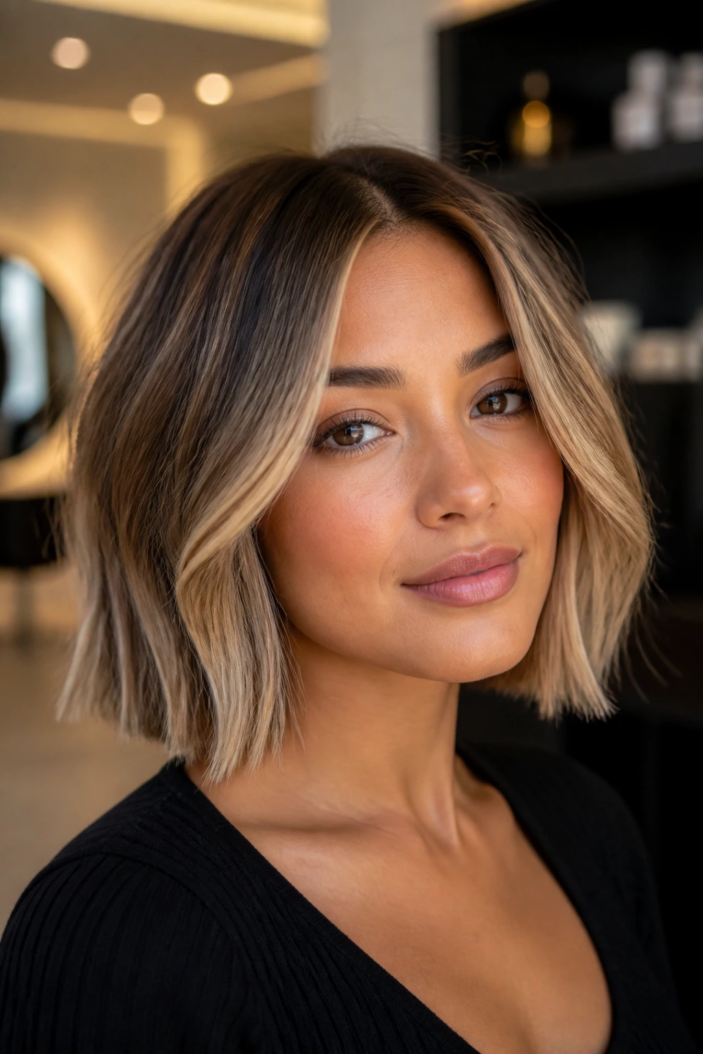 Real-model portrait with honey ribbon balayage on a chin-length bob