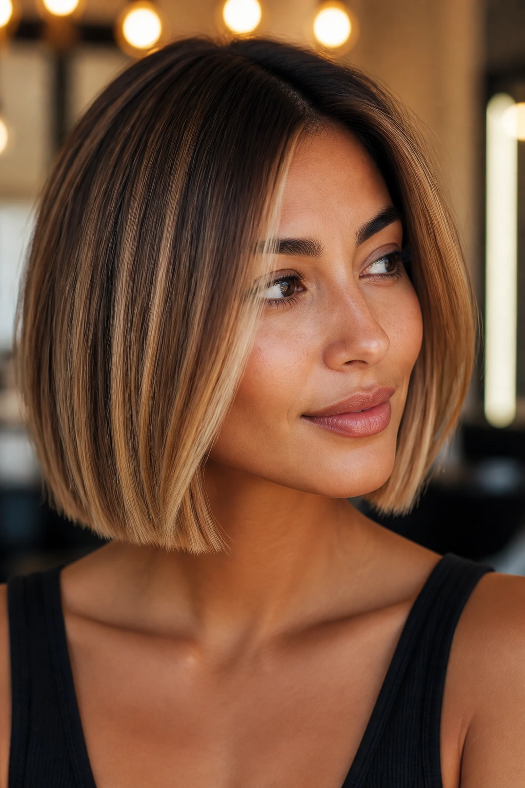 Real woman with honey balayage bob and blunt ends
