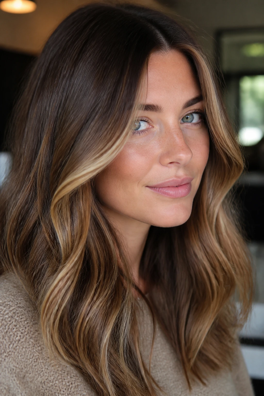 Portrait of a woman with honey ribbon balayage highlights framing the face