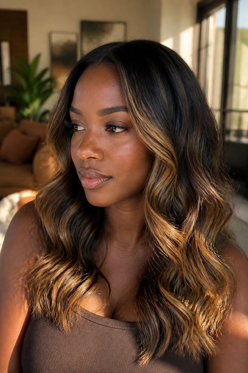Close-up of brunette with honey balayage on mid-lengths and ends