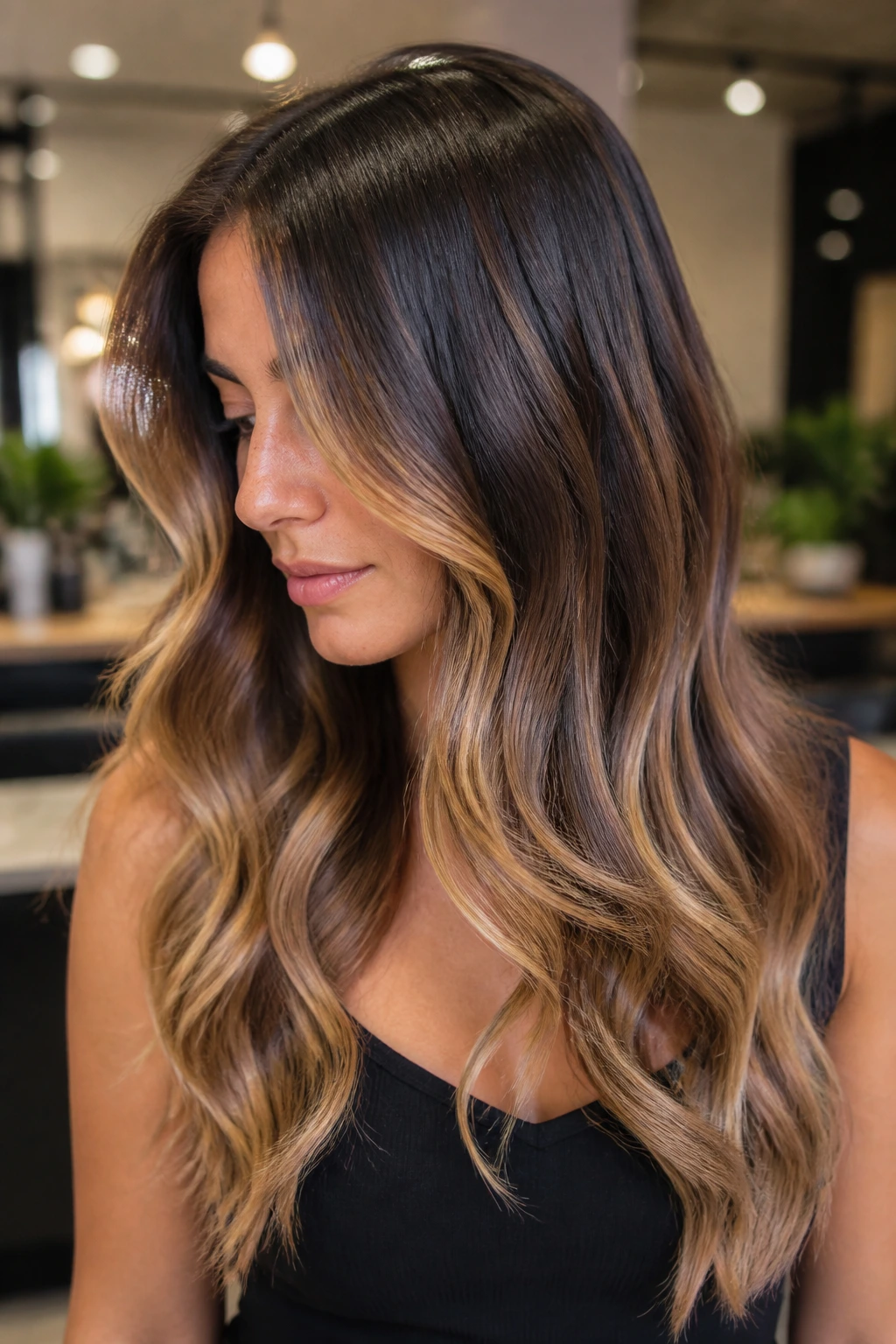 Brunette with honey ribbons balayage through midlengths and ends