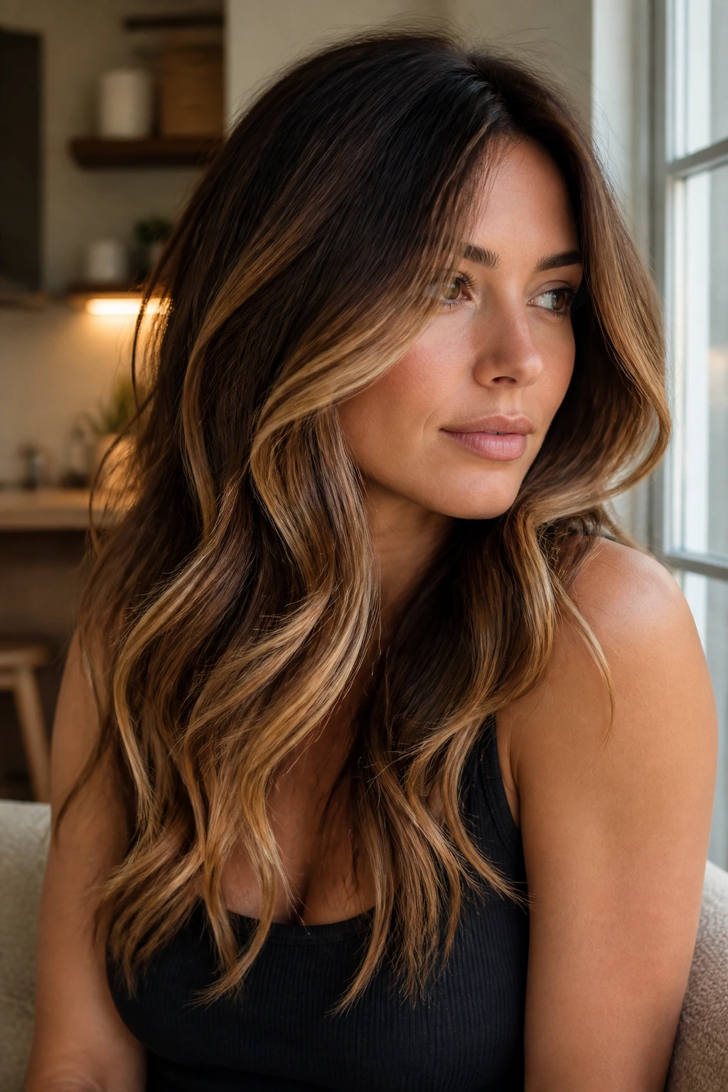 Layered brunette with honey balayage drips across front and lengths