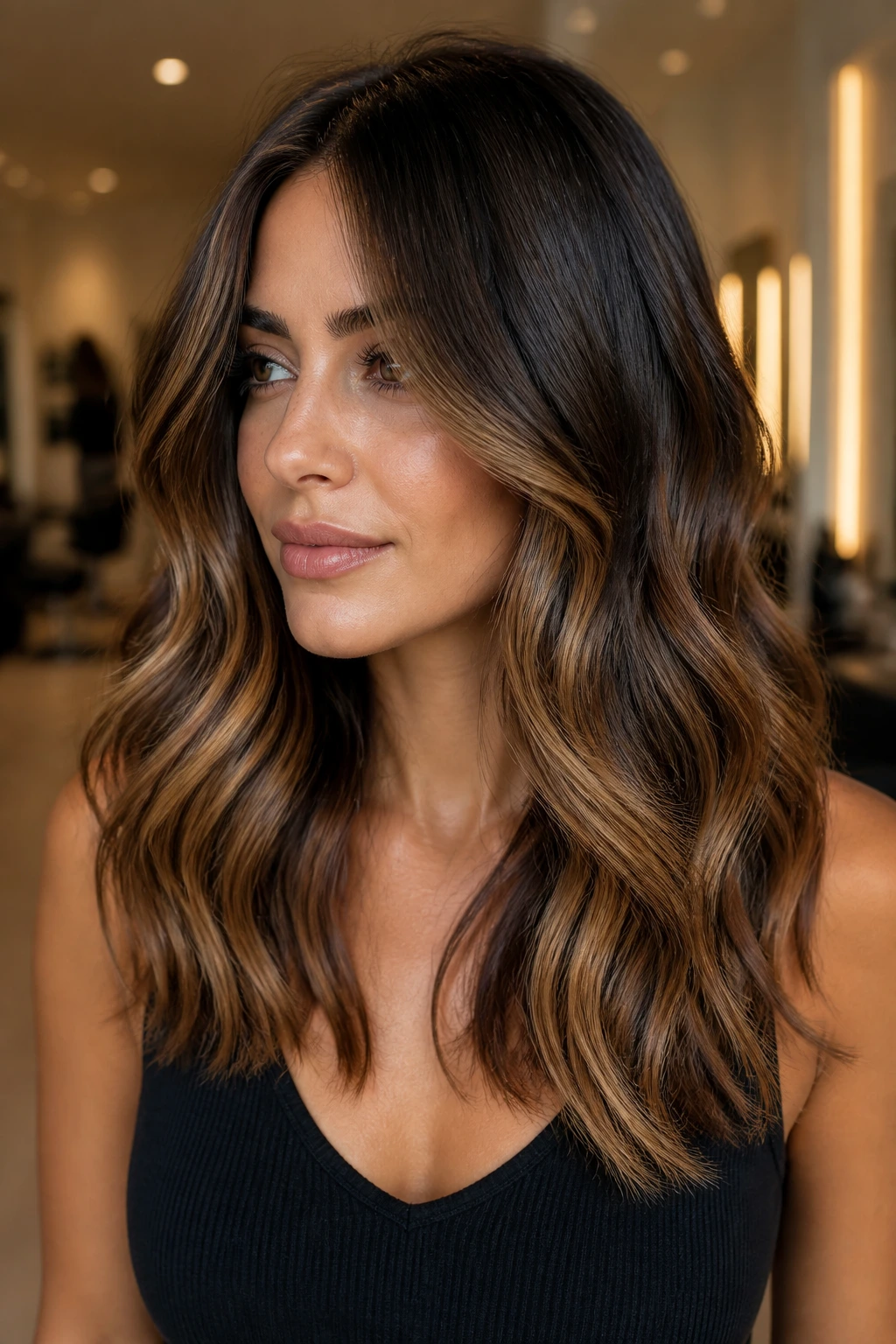 Olive-skinned person with honey balayage on dark brunette base
