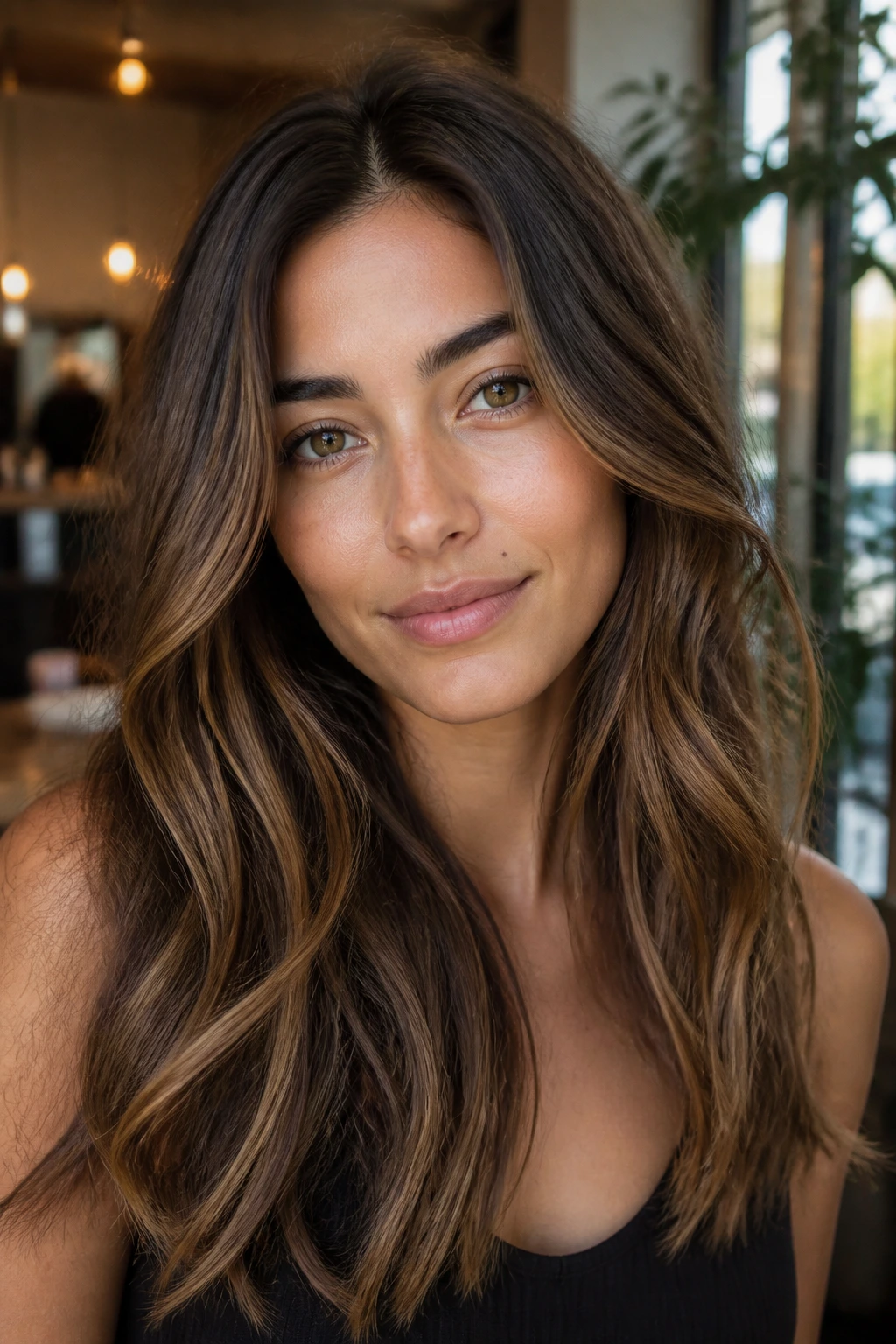 Close-up of brunette hair with a soft honey balayage veil on olive skin.