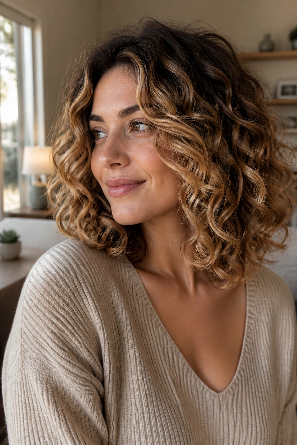 Shoulder-length honey balayage curls framing the face in a warm living room