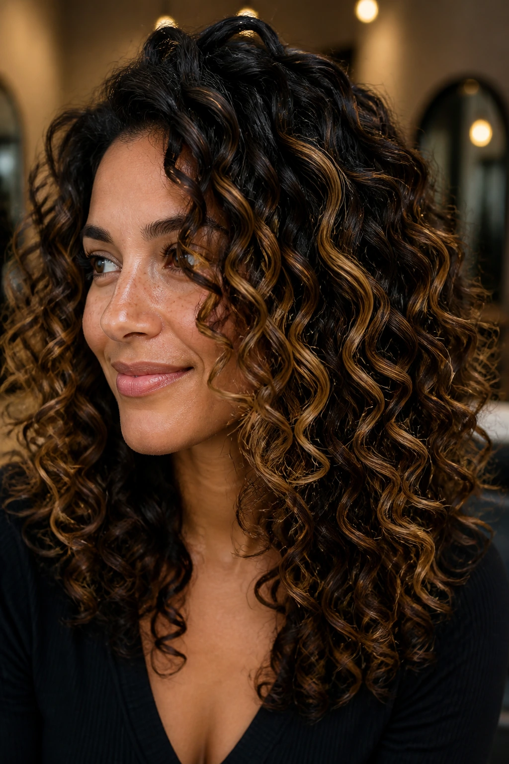 Close-up portrait of a person with dark curls and honey ribbon balayage, curls filled frame