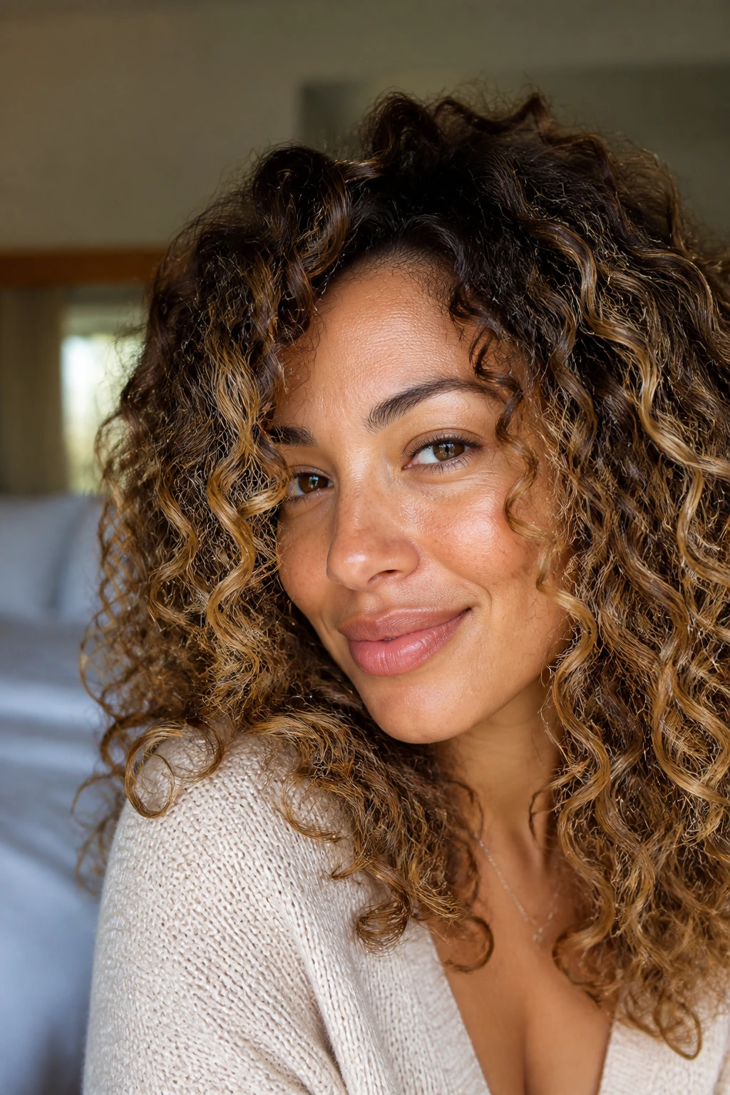 Close-up of a woman with curly hair featuring honey ribbon balayage on medium skin