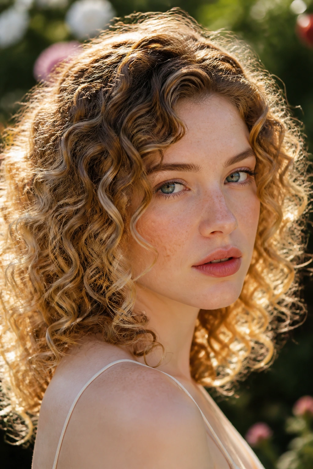 Close-up of woman with curly hair showing halo of honey balayage