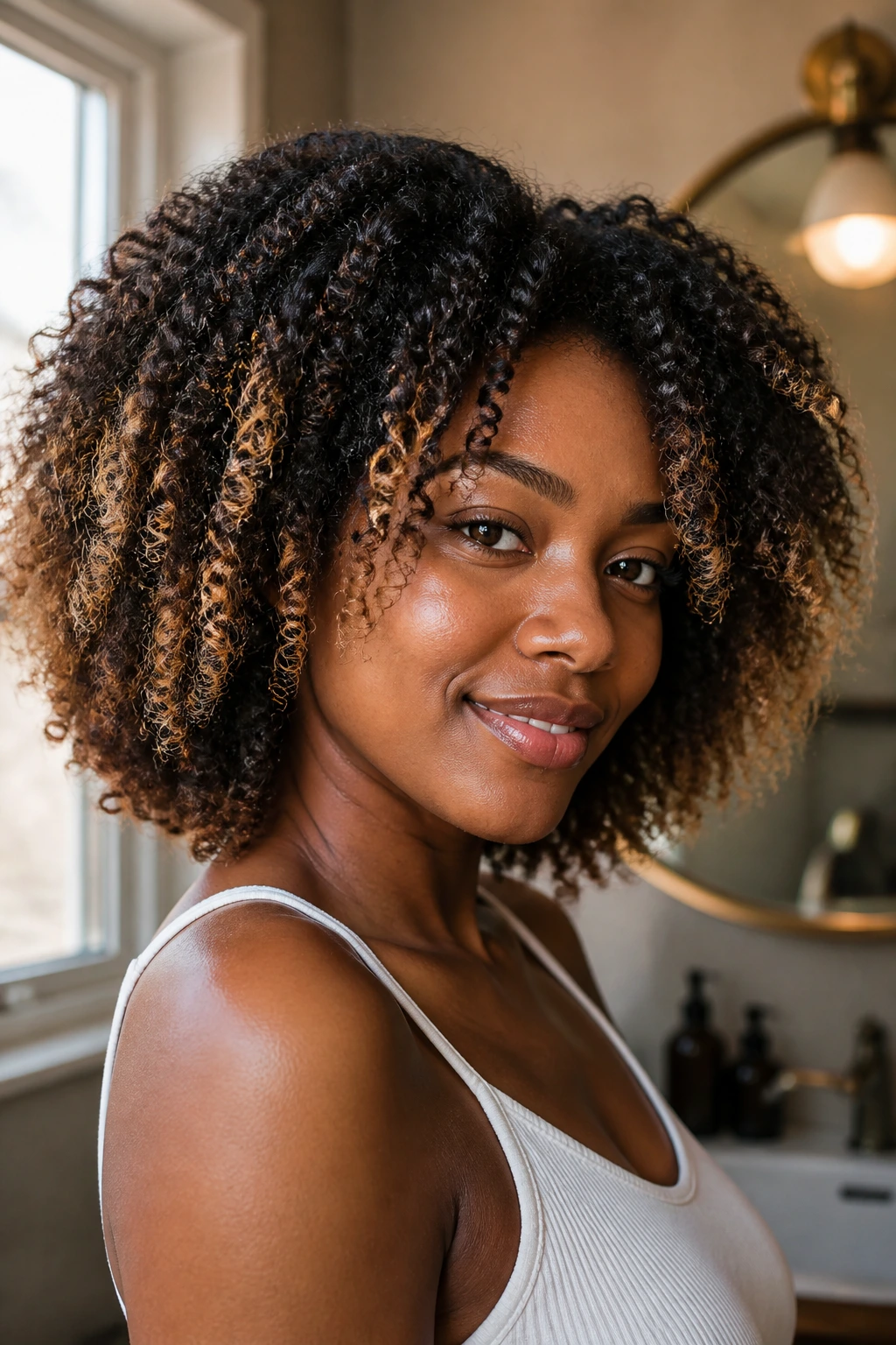 Close-up of honey balayage on dark base hair on a real person in warm indoor light