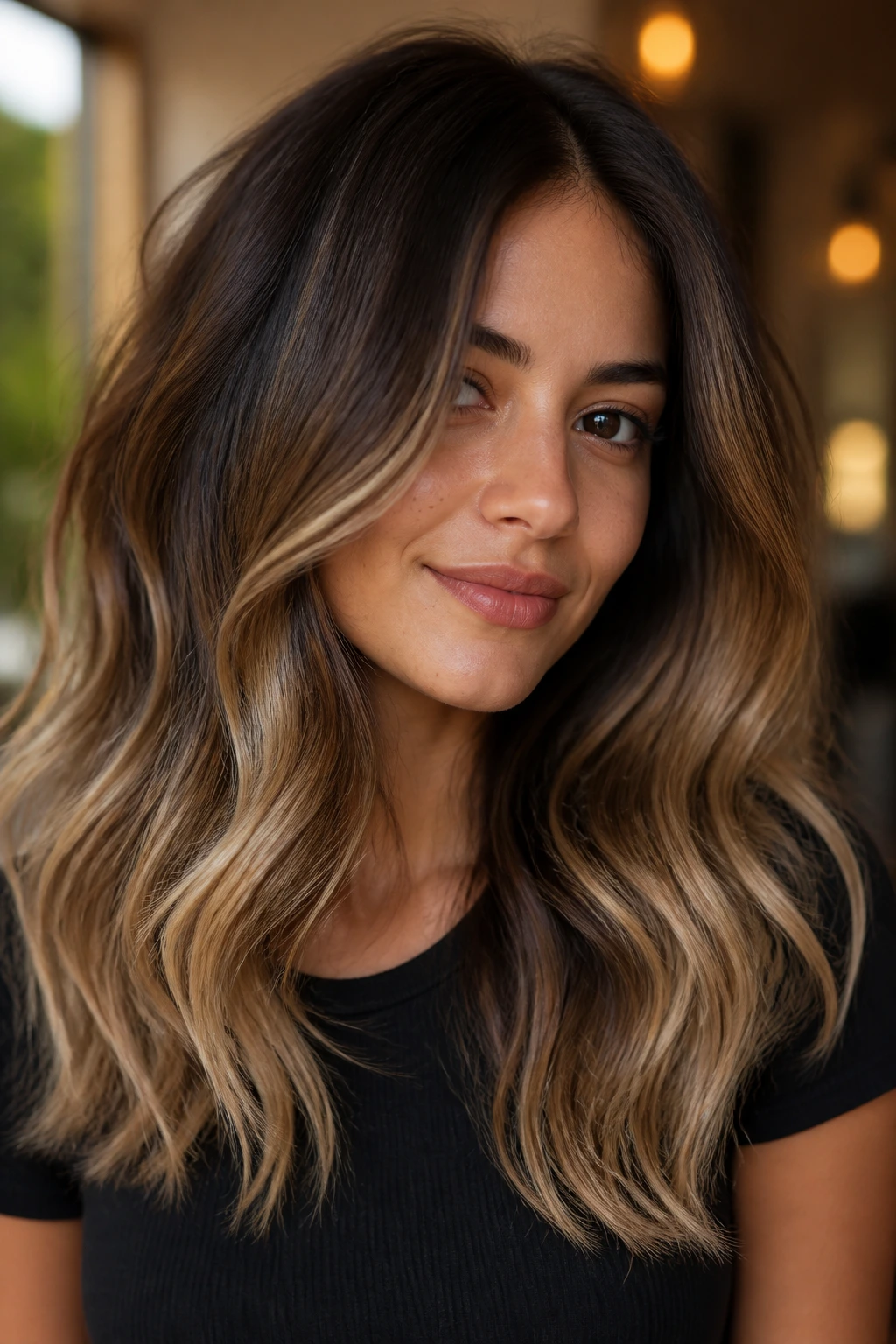 Brunette with honey balayage from mid-lengths to ends, preserving root depth.
