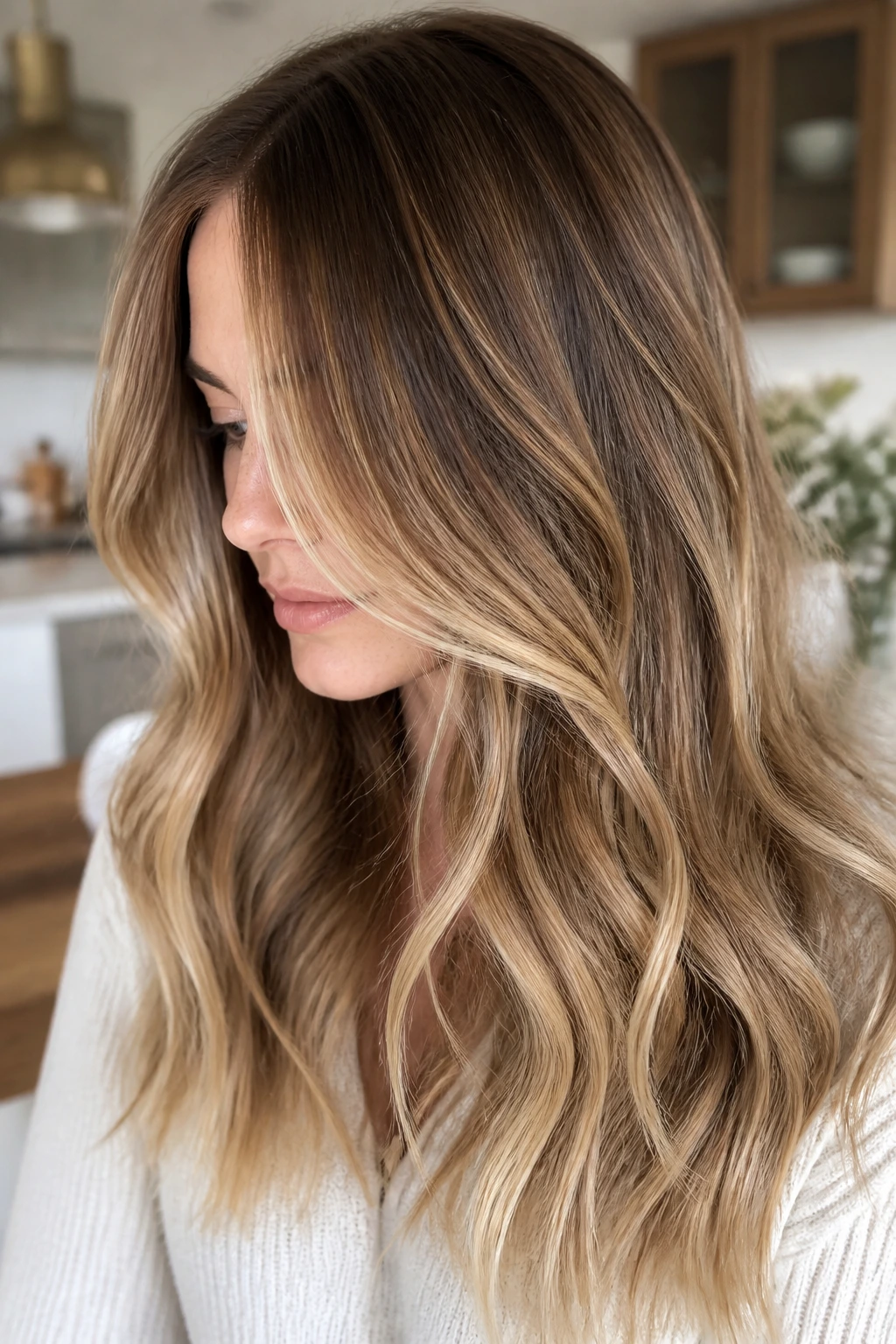 Portrait of a real woman with honey veil balayage on hair
