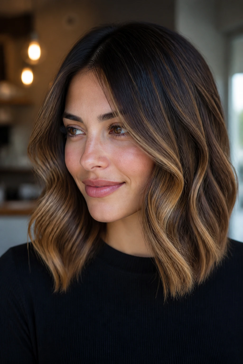 Shoulder-length lob with honey balayage on dark chocolate hair in warm light
