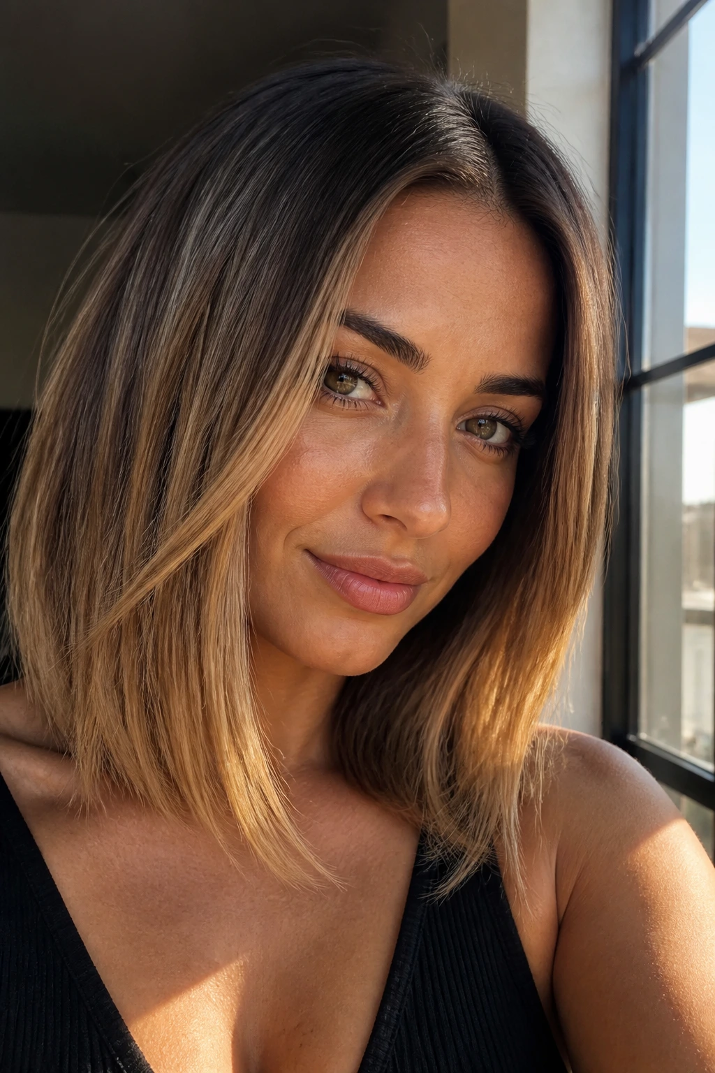 Portrait of a woman with honey balayage lob in warm window light