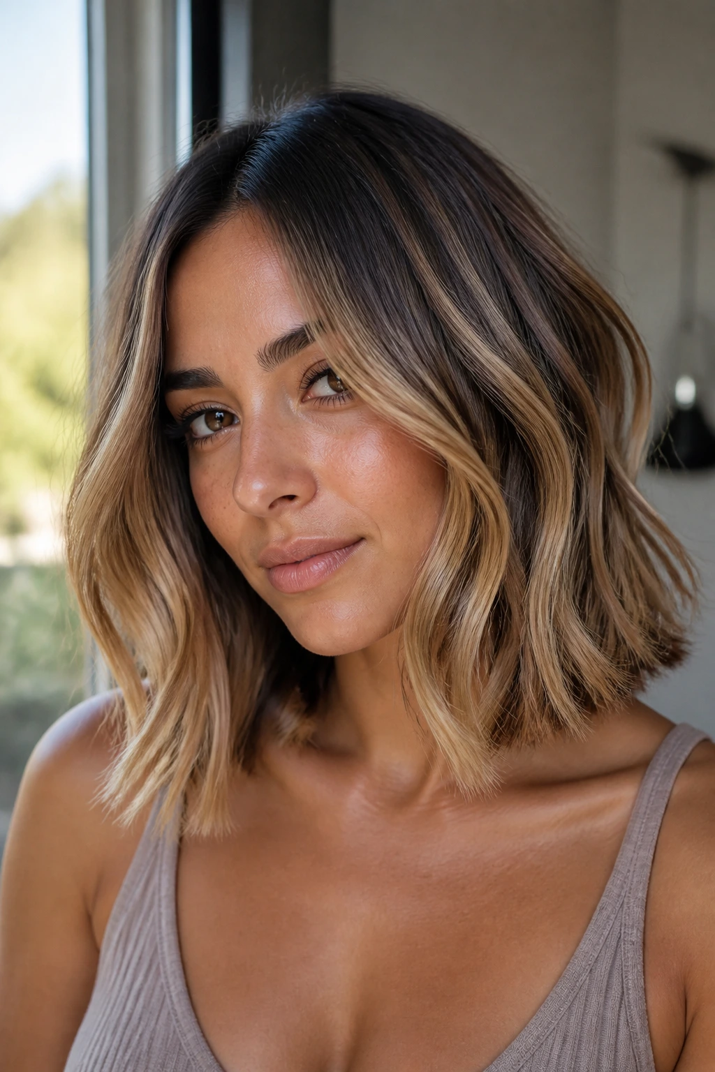 Close-up of olive-skinned person with collarbone-length honey balayage lob