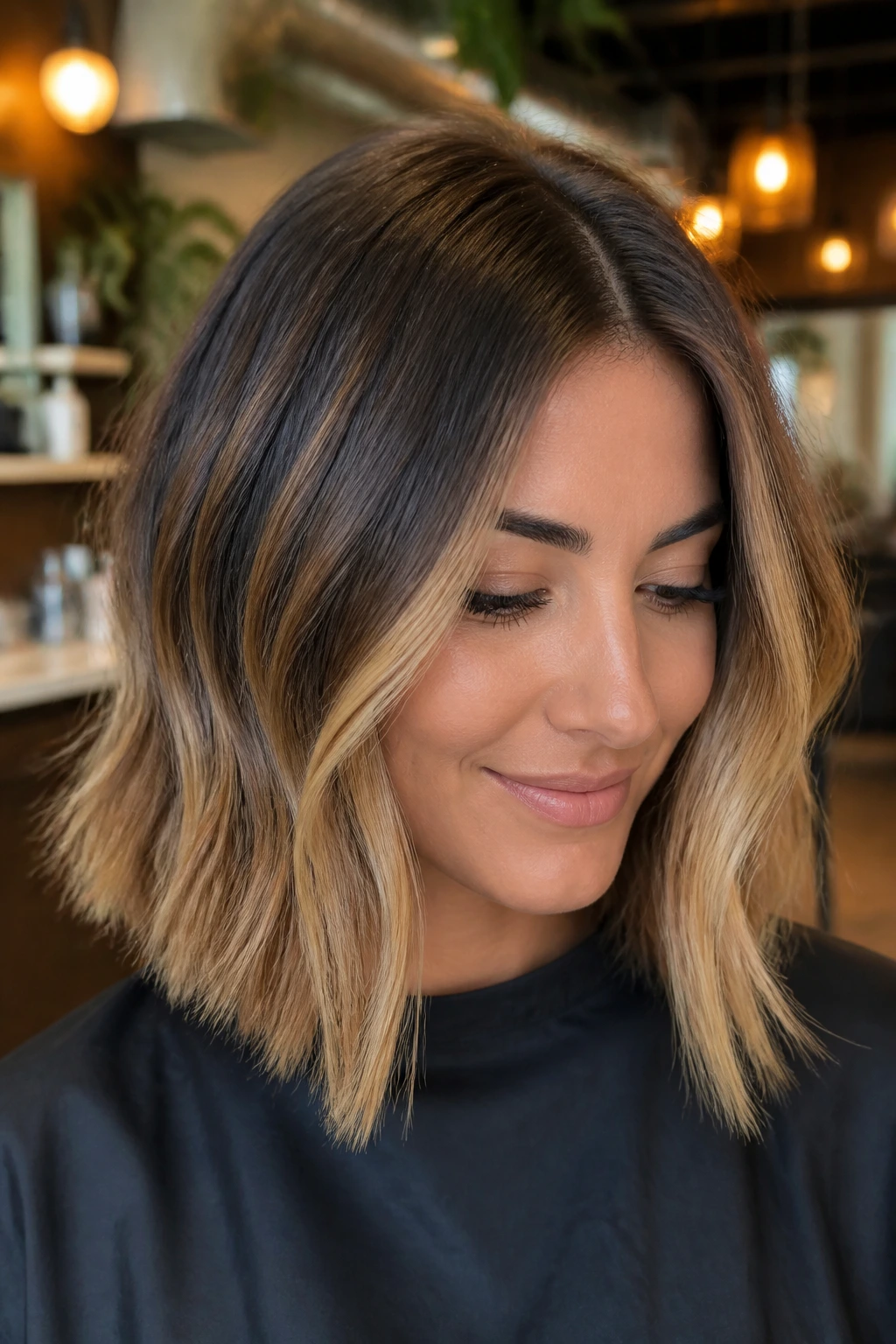 Real woman with rooted honey balayage on a collarbone-length lob with blunt ends