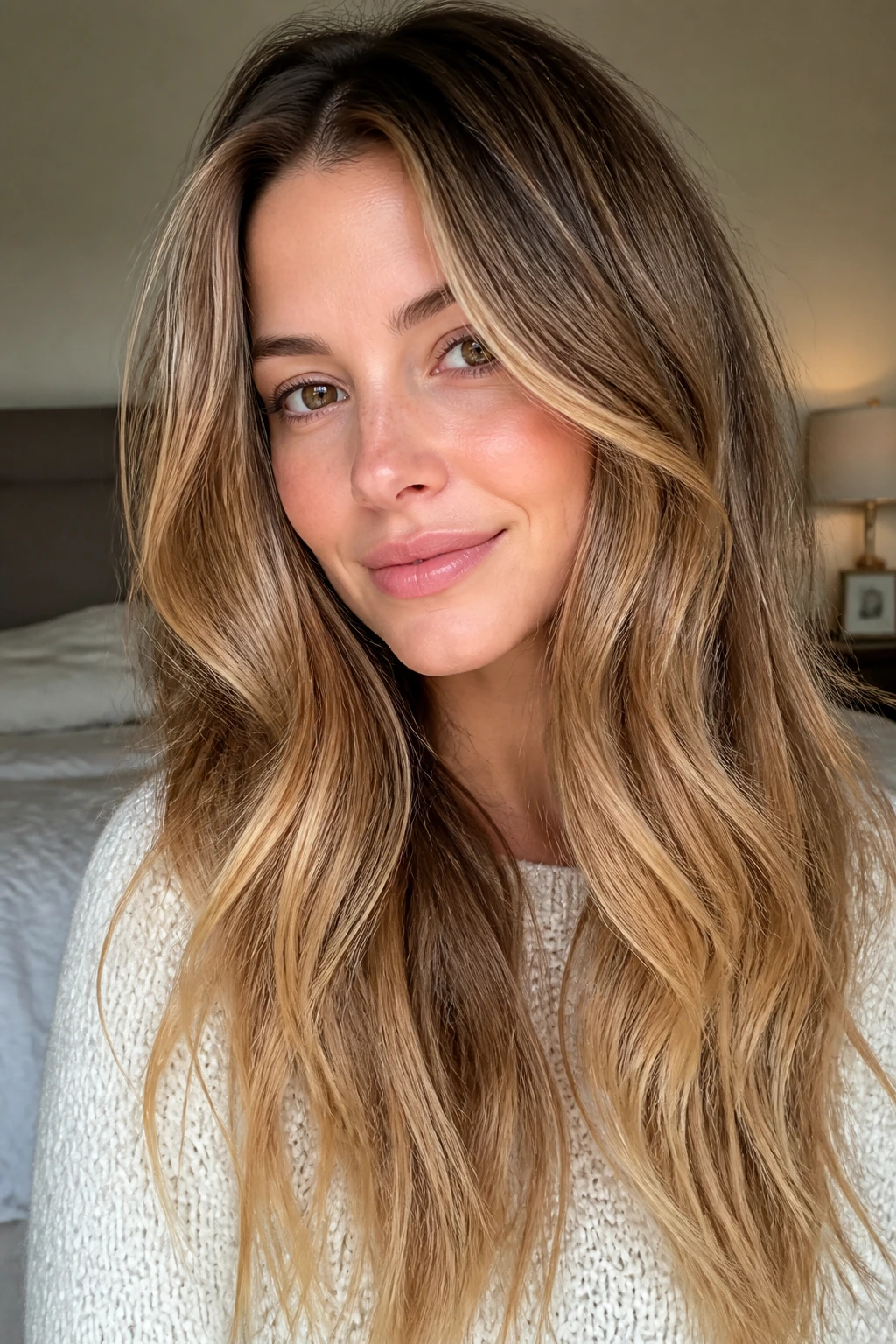Close-up of a woman with long honey balayage waves and face-framing layers