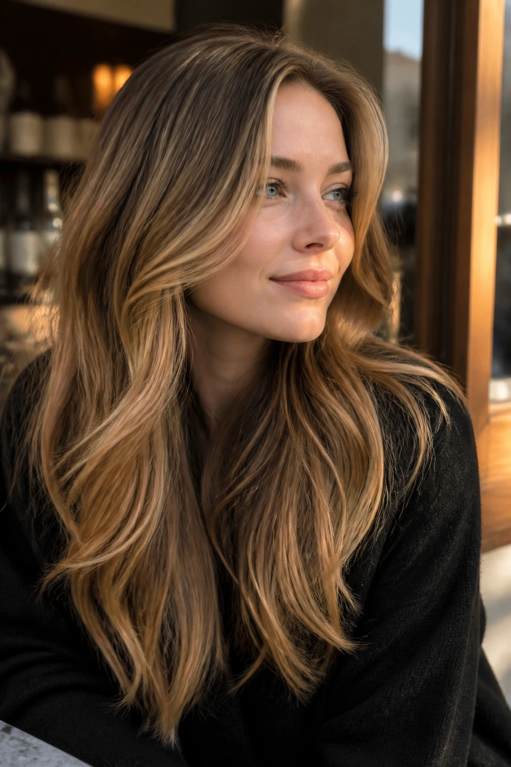 Close-up of honey blonde balayage on long layers