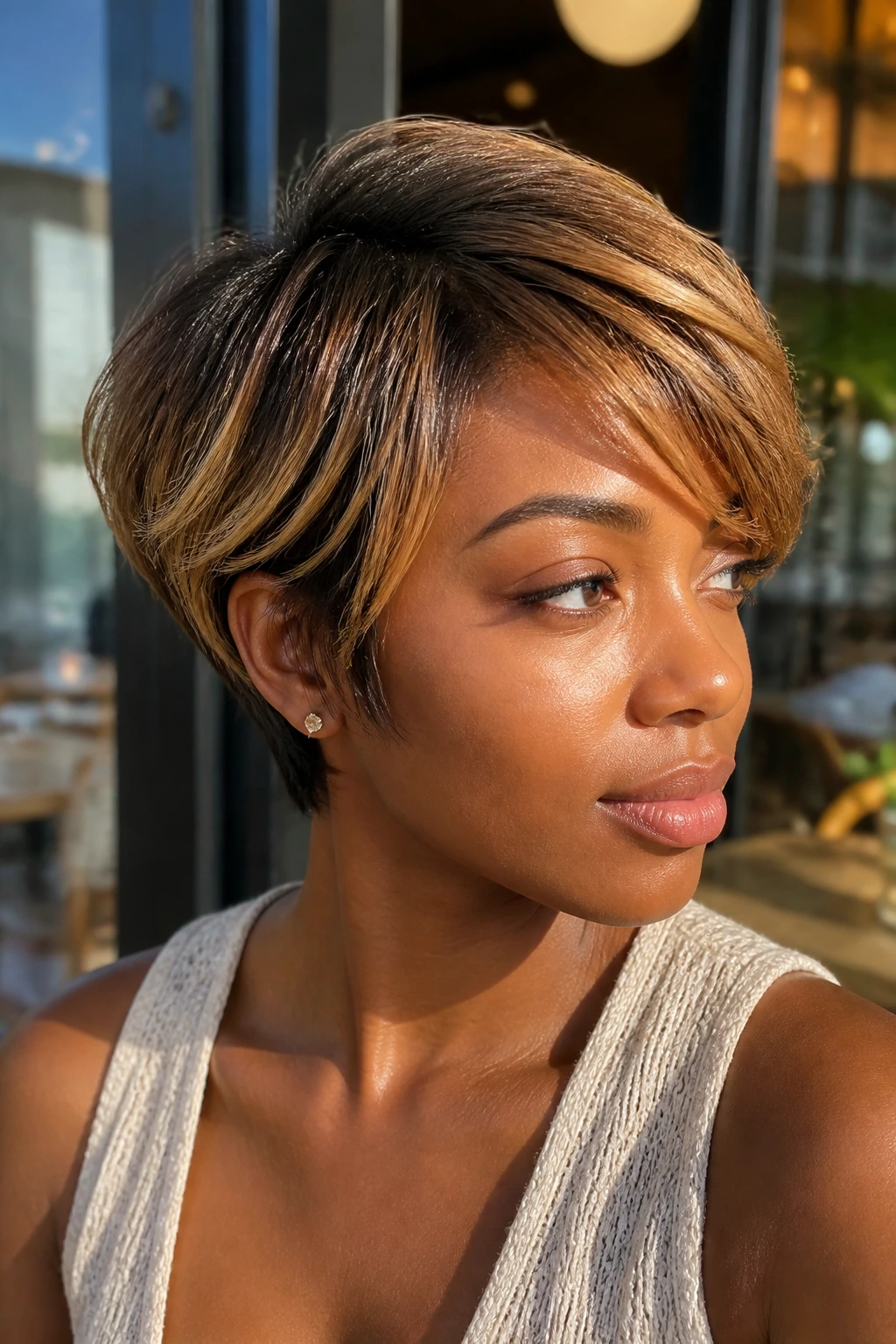 Close-up of a real person with sunlit honey balayage on a pixie bob