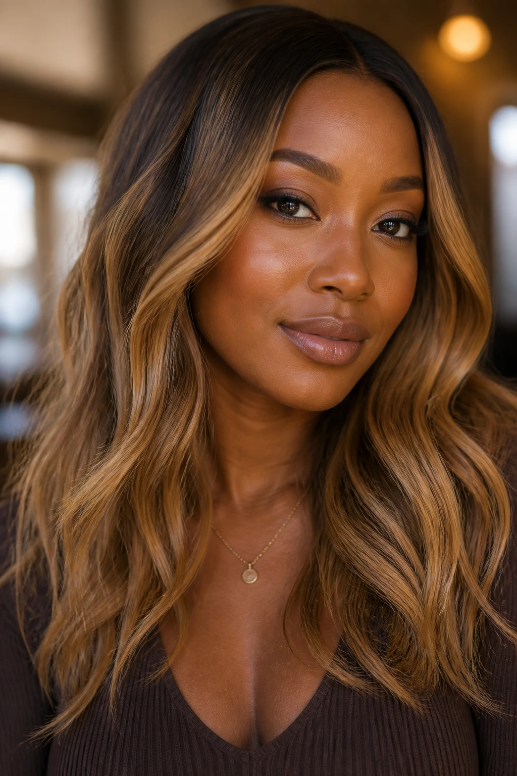Woman with honey balayage in warm lighting