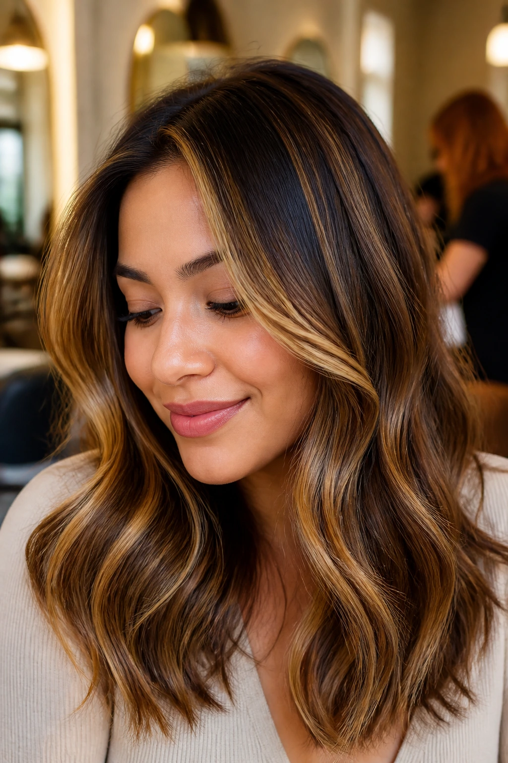 Real woman with honey ribbon balayage close-up hair movement