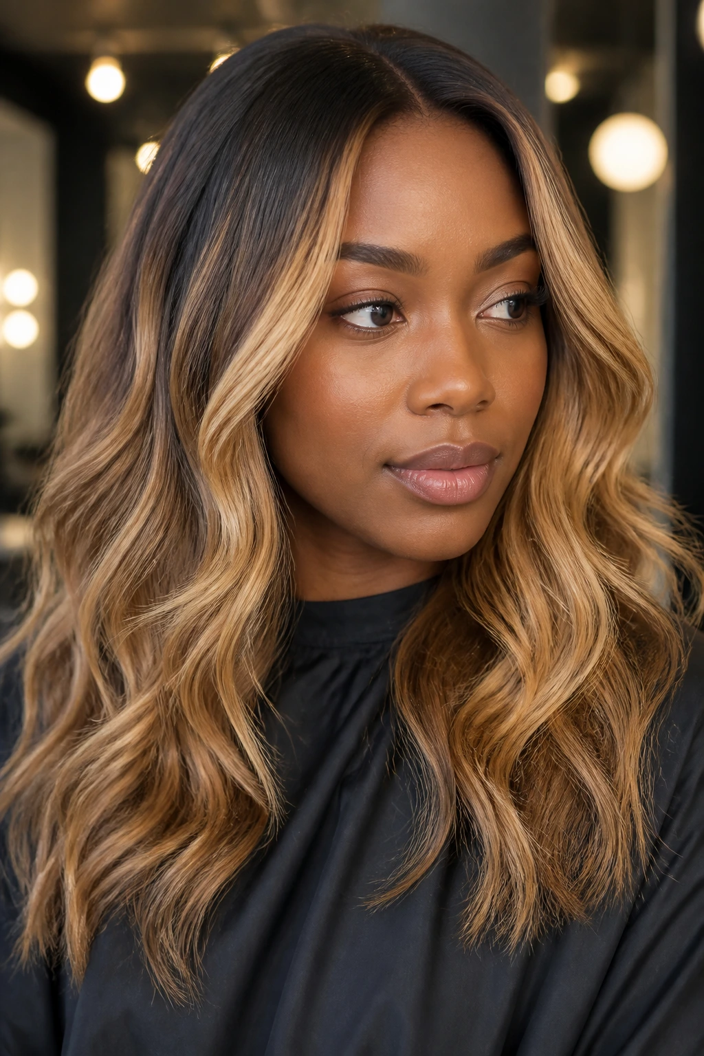 Close-up of honey blonde balayage with root smudge on a real person
