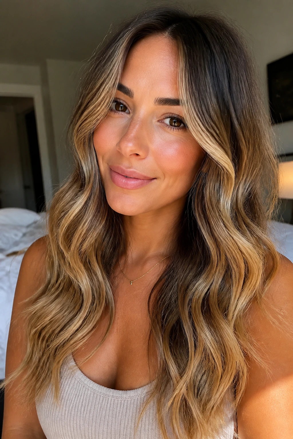 Portrait of a woman with honey balayage and long S-waves.