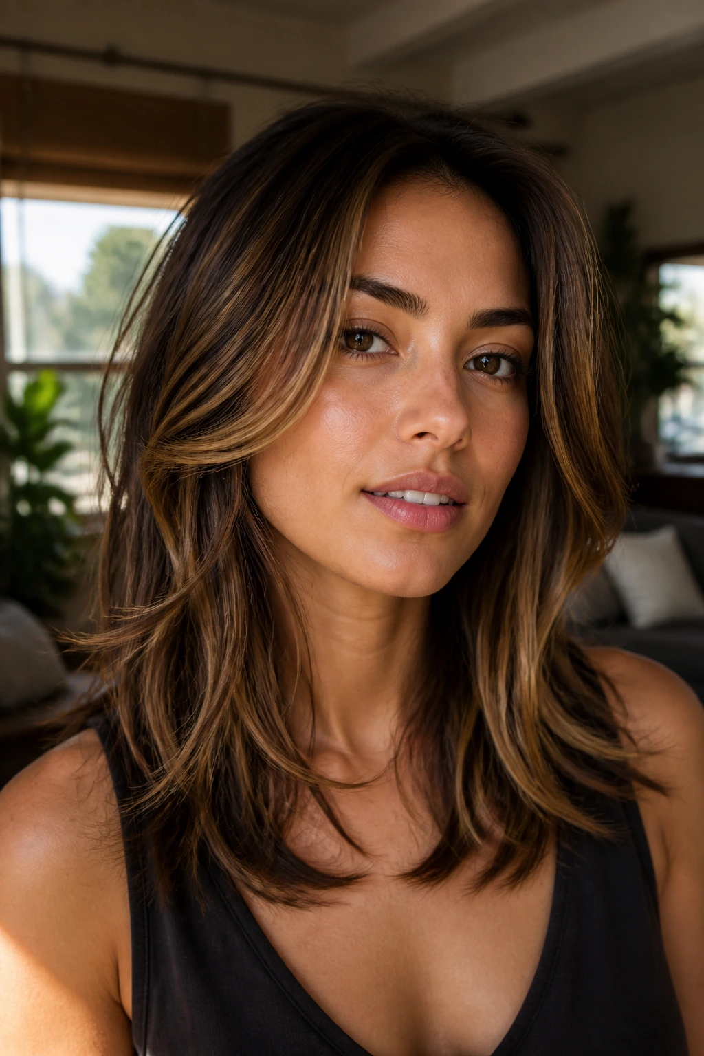 Medium close-up of a real woman with sliced layers and honey balayage on olive skin