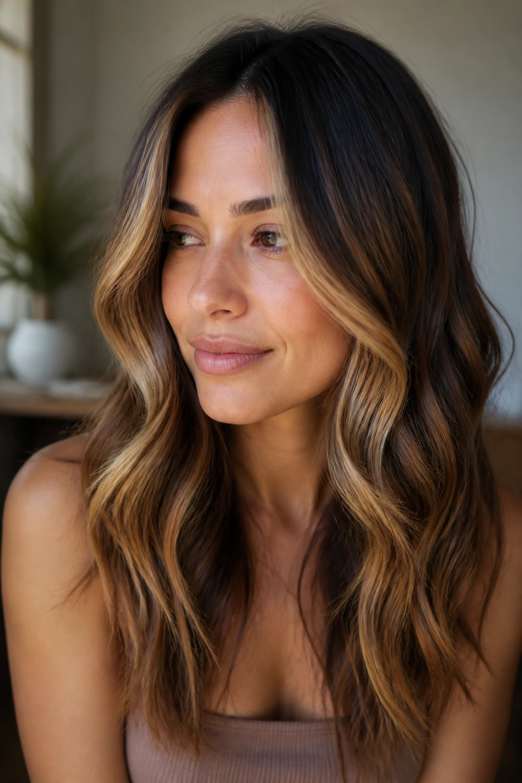 Close-up of honey balayage on hair with feathered front pieces