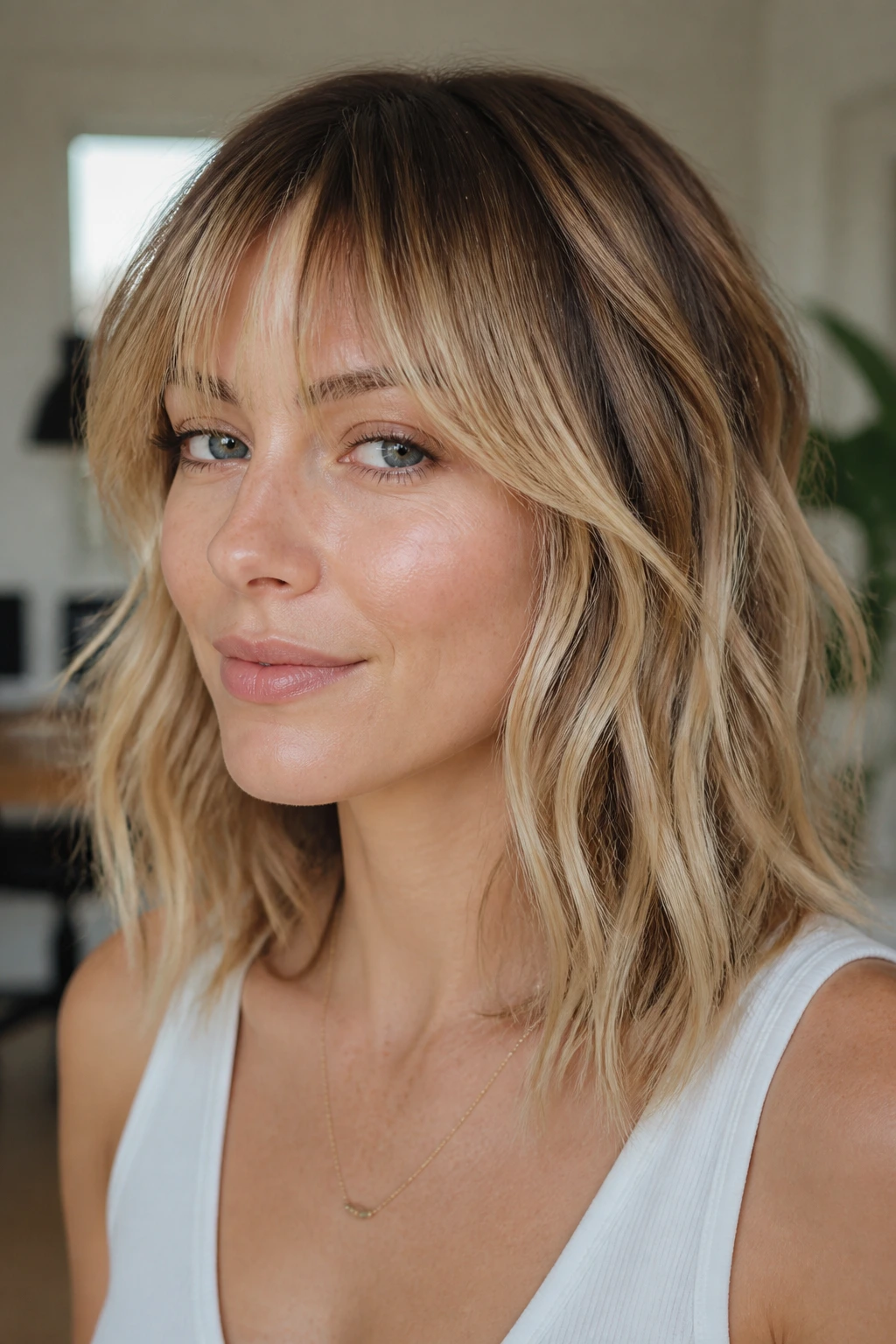 Real woman with honey-vanilla balayage and piecey bangs in natural light