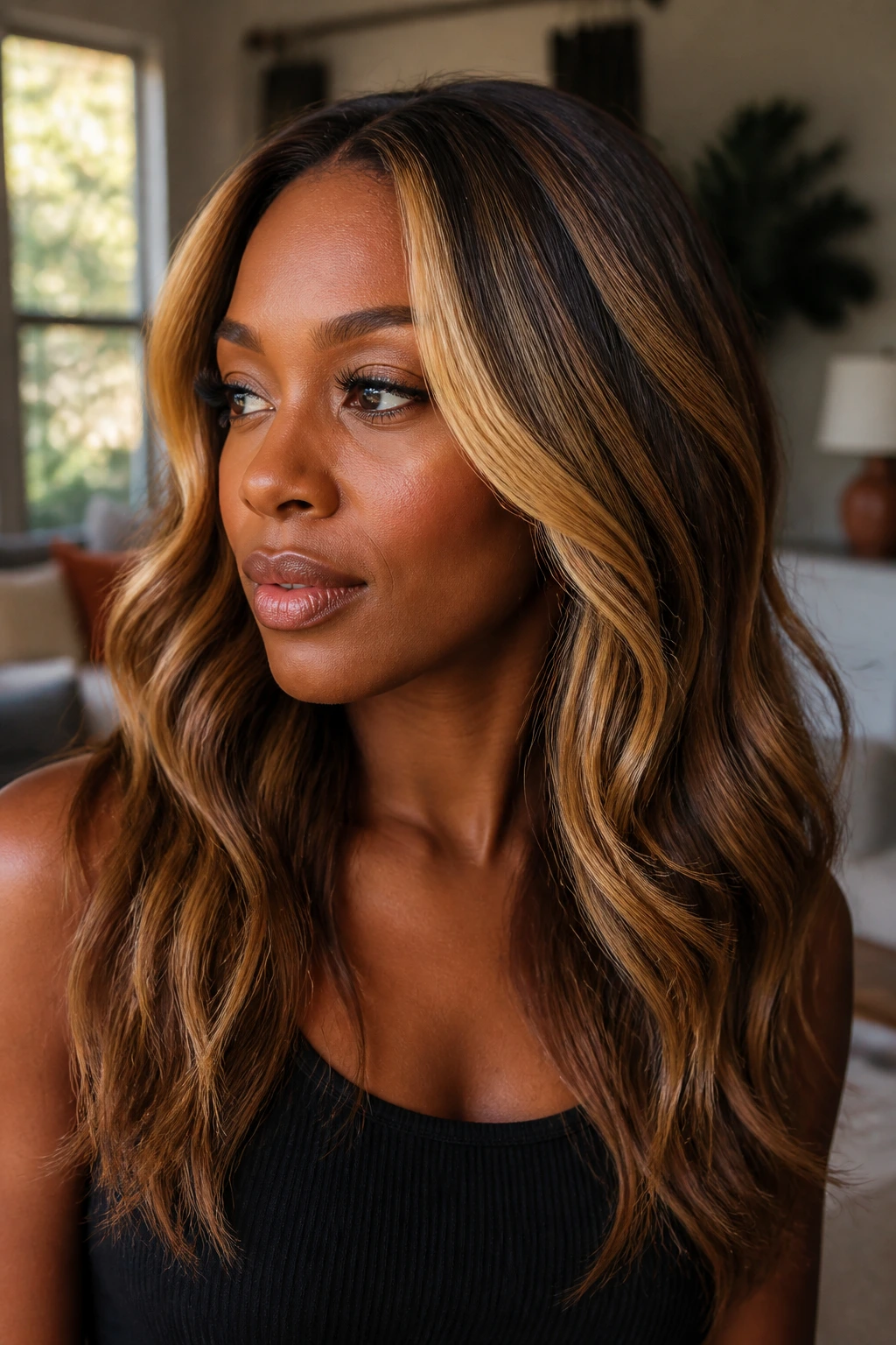Portrait showing varied honey balayage tones across the hair