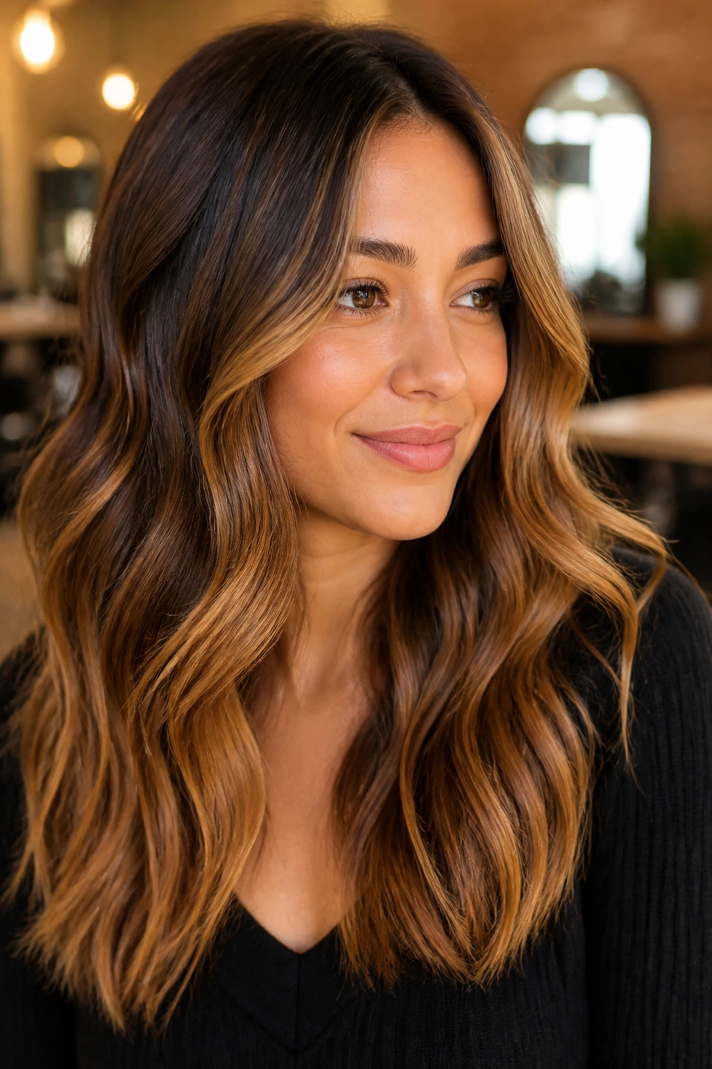 Real woman with honey balayage on medium brunette hair with sunlit ribbons