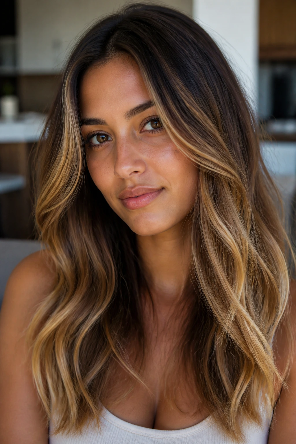 Portrait of a person with olive skin and brown eyes showing honey balayage waves
