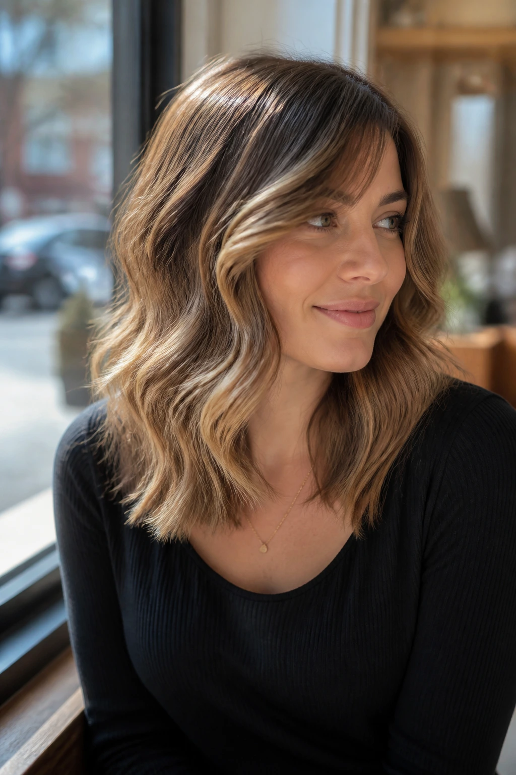 Portrait of a real woman with wavy mid-length hair and honey balayage in natural light.