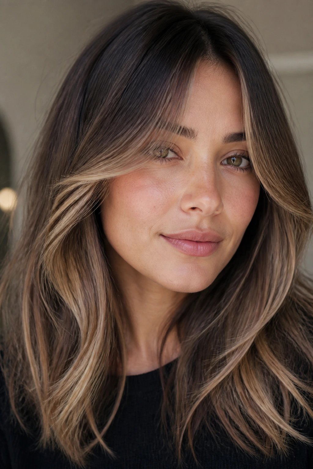 Close-up of a real woman with honey beige balayage and curtain bangs in soft daylight