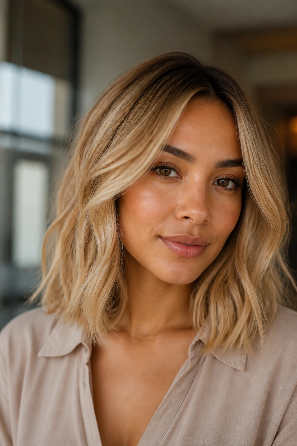 Portrait of a woman with a honey-beige lob and soft waves on medium skin