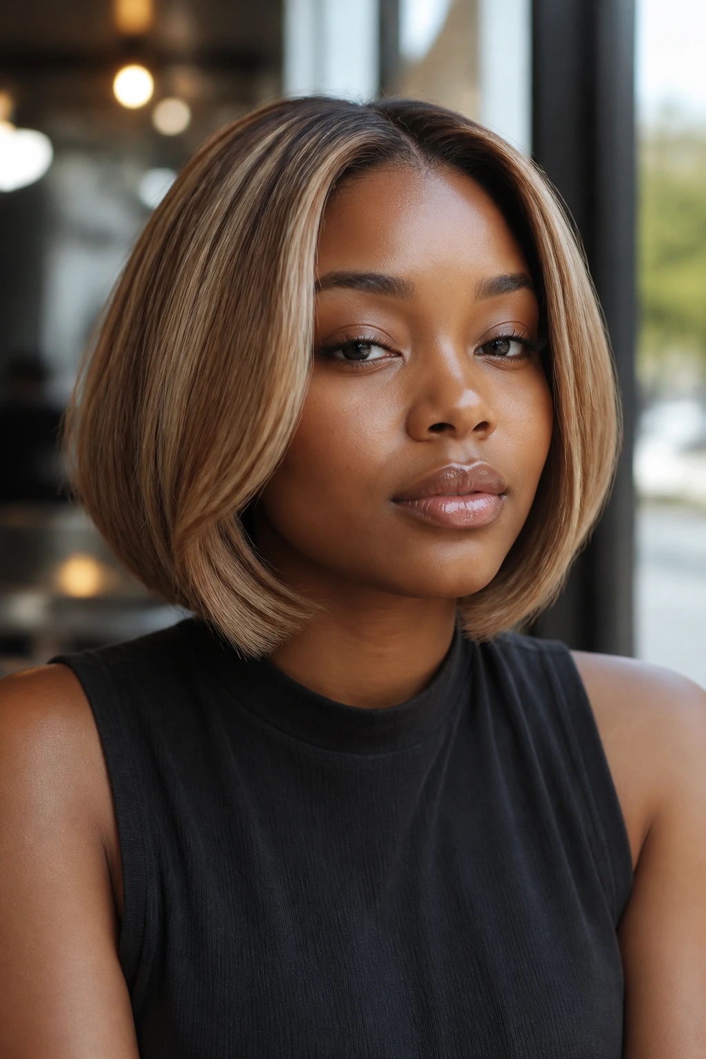 Real person with warm honey beige bob hairstyle