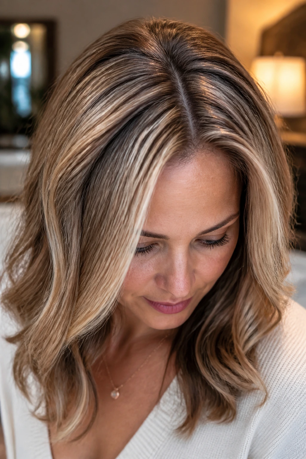 Close-up of honey beige crown lights around part with soft root shadow