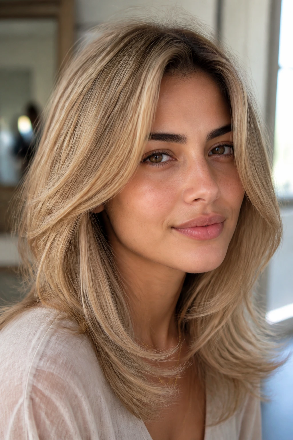 Close-up of a real woman with a honey beige hush cut, feathered layers and warm beige blonde.