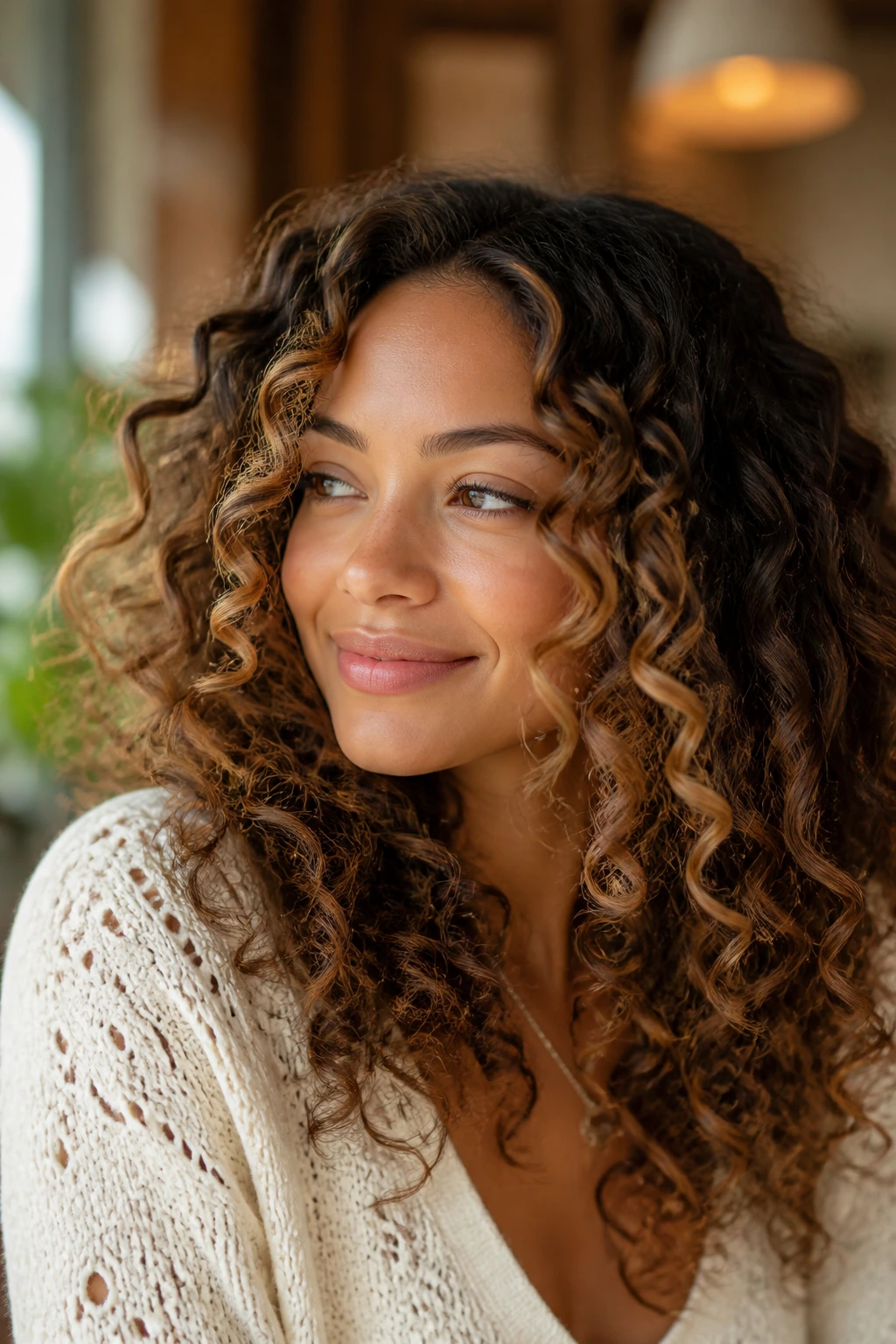 Close-up of a real person with dark curls showing honey beige tones and root shadow