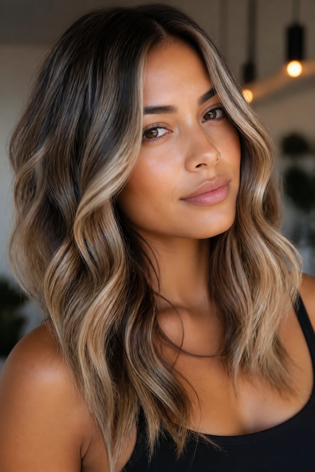 Close-up portrait showing honey, beige, and mushroom blonde tones on hair