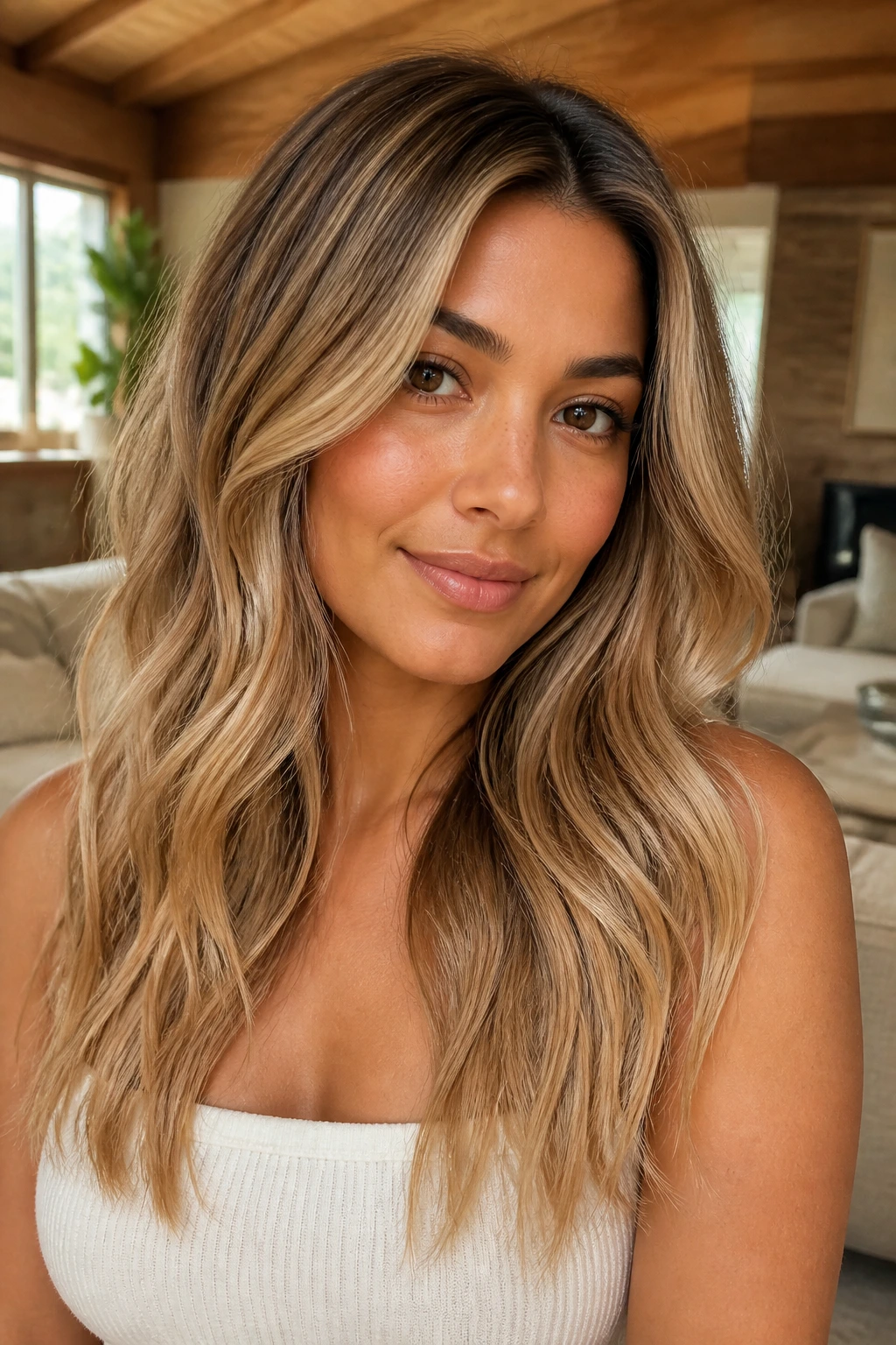 Close-up of blond caramel hair with honey ribbons and beige ends on a real person