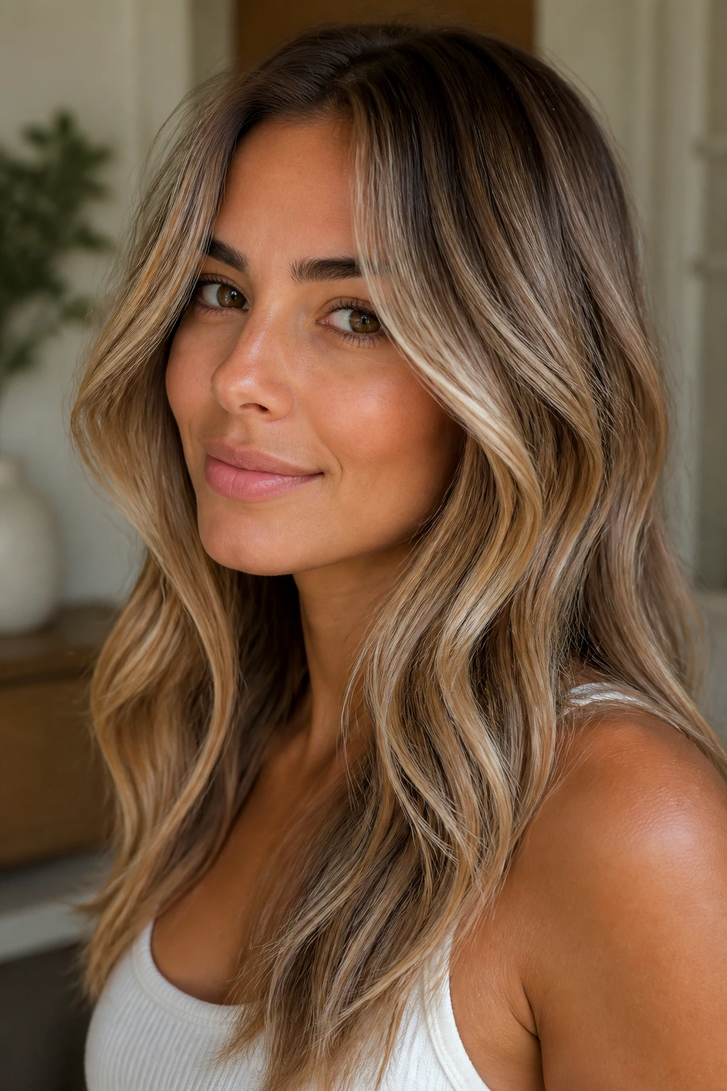 Portrait of a real woman with honey beige ribbons in hair
