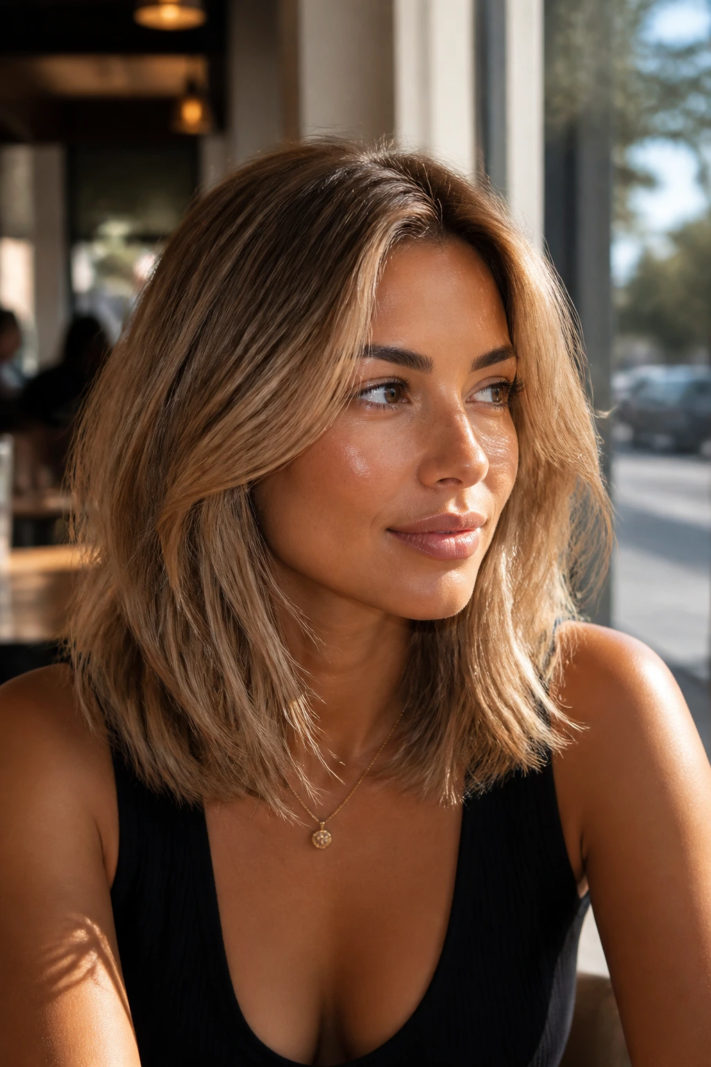 Medium close-up of a real woman with honey-beige shoulder-length layered hair in warm cafe light