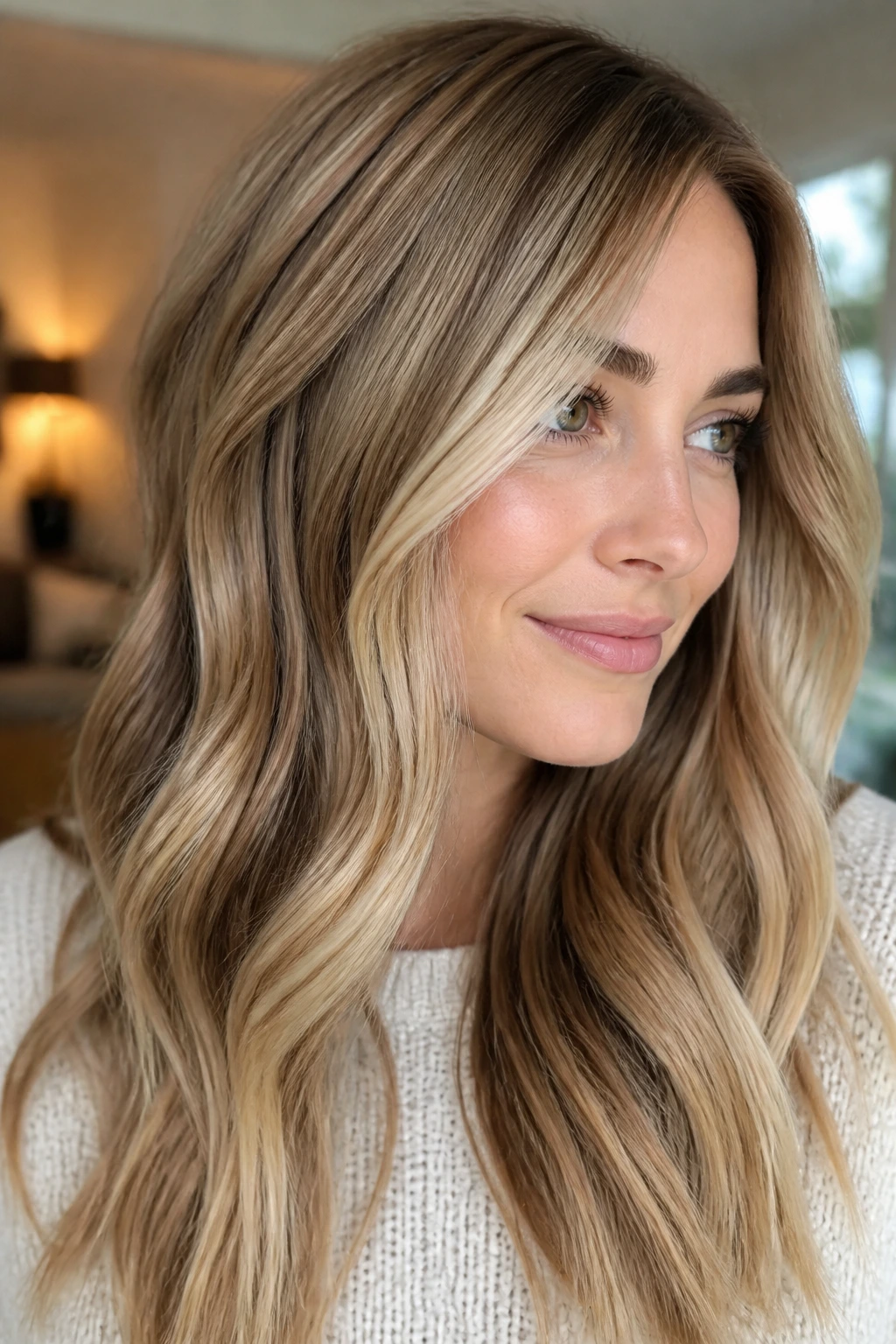 Close-up portrait of a real woman with honey beige blonde and soft walnut depth