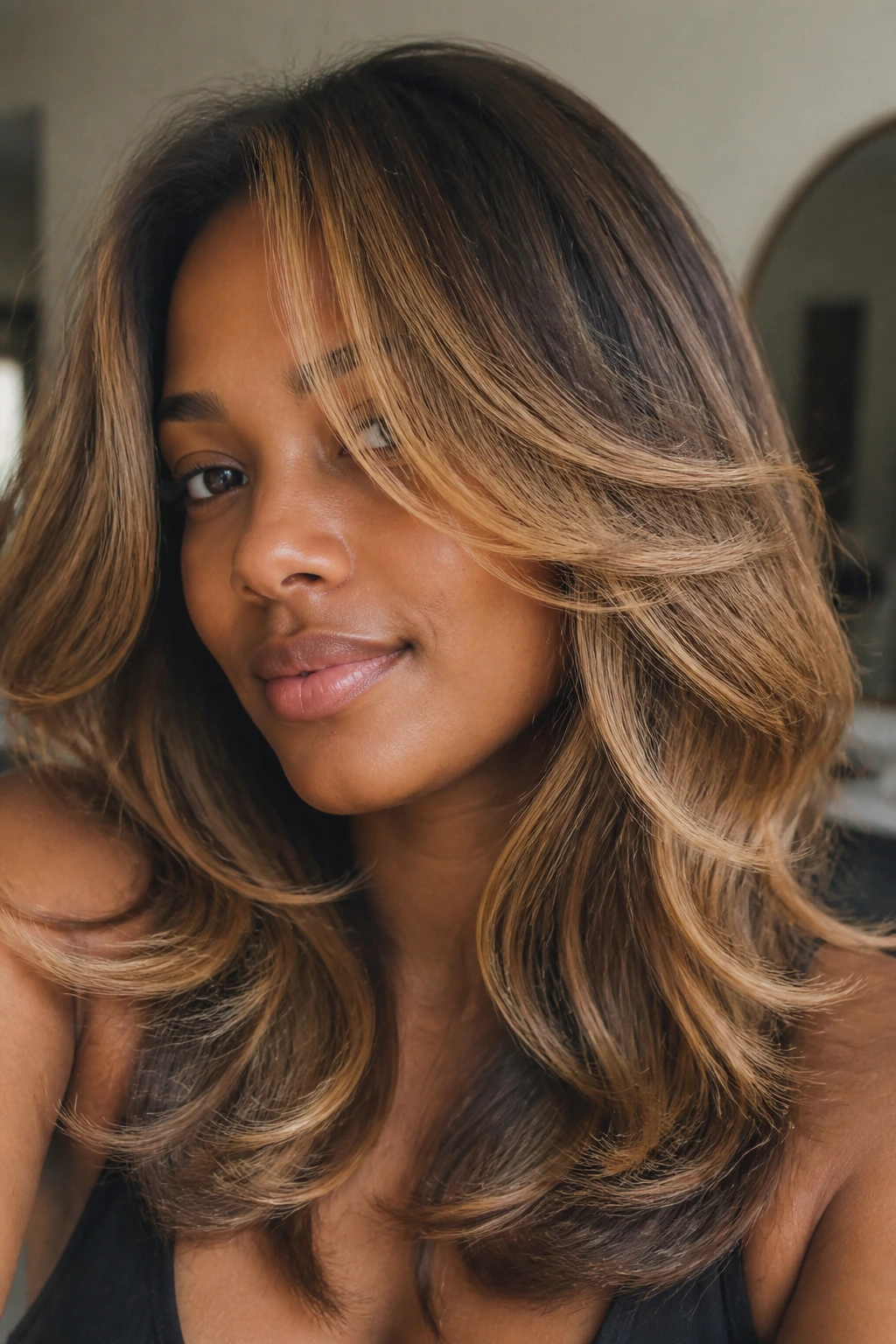 Close-up of a real woman with honey biscuit balayage on layered hair glowing in sunlight.