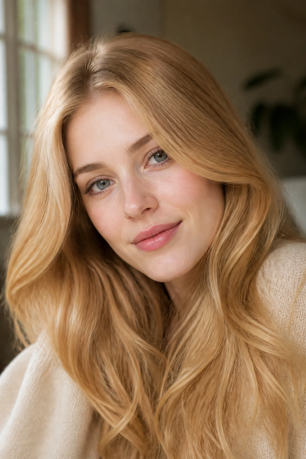 Close-up of pale-skinned model with honey blonde all-over color