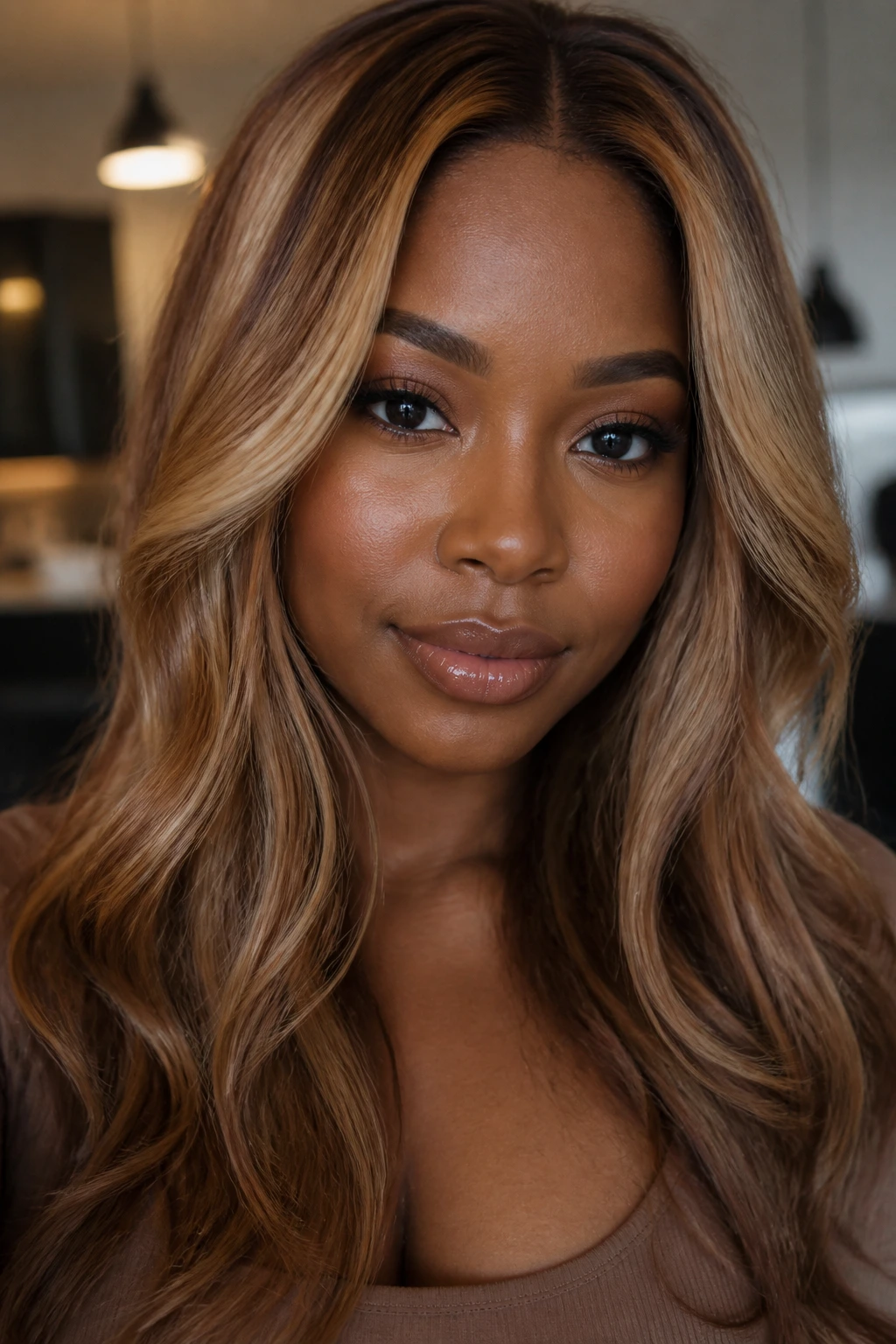 Close-up portrait of honey blonde hair with auburn lowlights on a real person